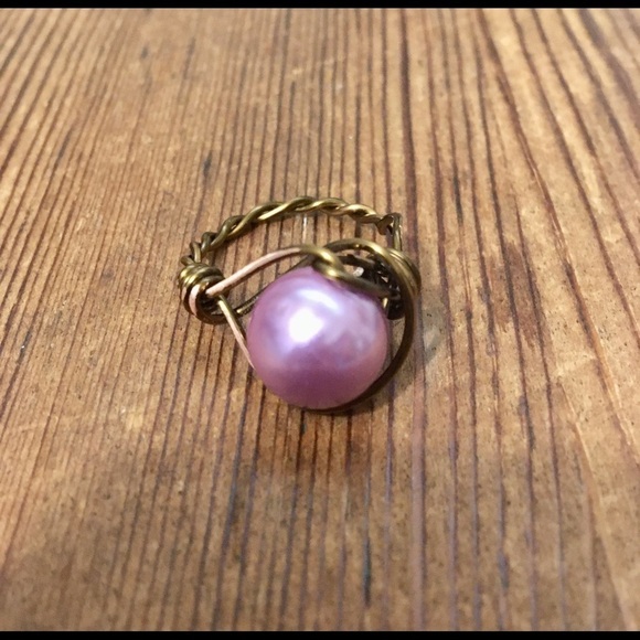Wire Wrap Ladies Ring, Handmade Ladies Ring, Faux Pearl, Size 8 - Picture 4 of 7